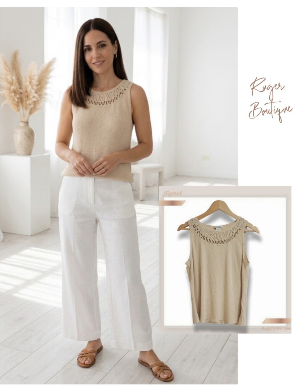🌿Nygard Sleeveless.Shimmer Tan Knit Top with Crochet Yoke - Size XL